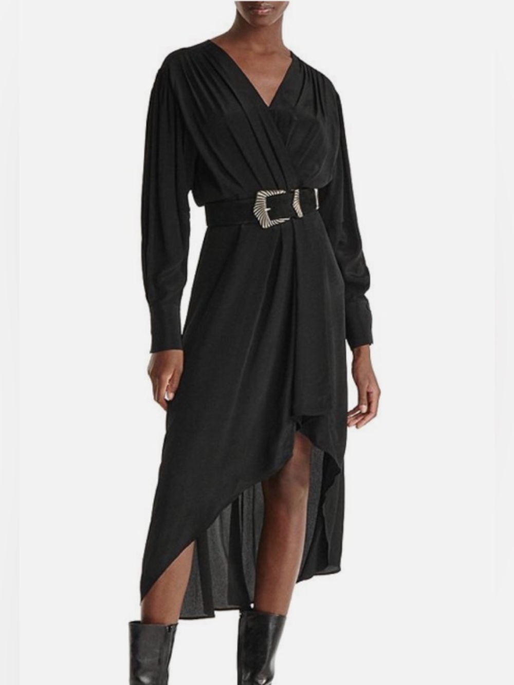 The Kooples $425 NWT Black Plain Luxury High-Low Wrap Dress (No Belt), Size S